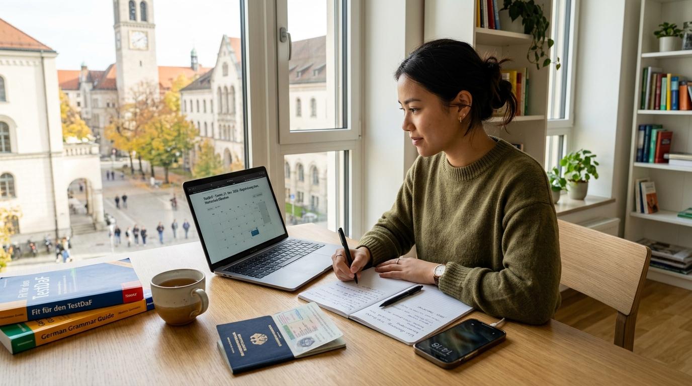 Student preparing for dMAT test registration on laptop in front of German university campus view