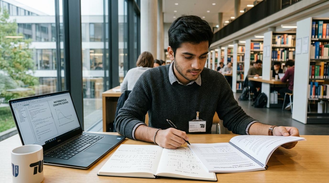 Indian engineering student studying dMAT syllabus cognitive logic and mathematics in a German university library
